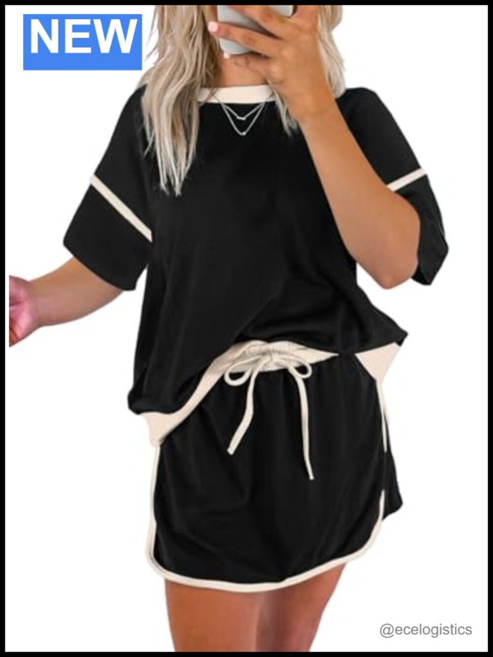 Women's 2 Piece Summer Lounge Set, Short Sleeve Top with Drawstring Skirt